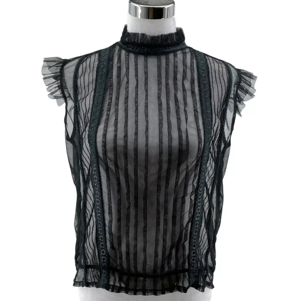 Tramp Tulle Mesh Sheer Top Womens Large Black Ruffle Neck Sleeveless Button Back